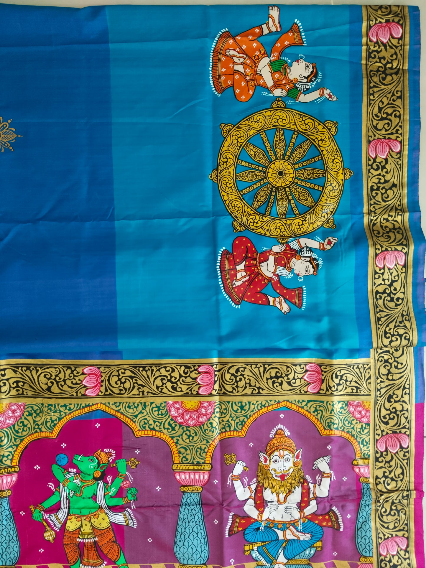 Divine Dashavatara-Anant Shayan Patachitra Artwork 3D Katan Mulberry Silk Saree