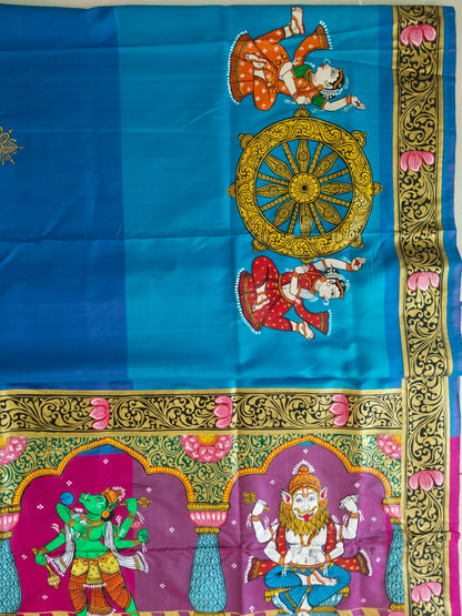 Divine Dashavatara-Anant Shayan Patachitra Artwork 3D Katan Mulberry Silk Saree