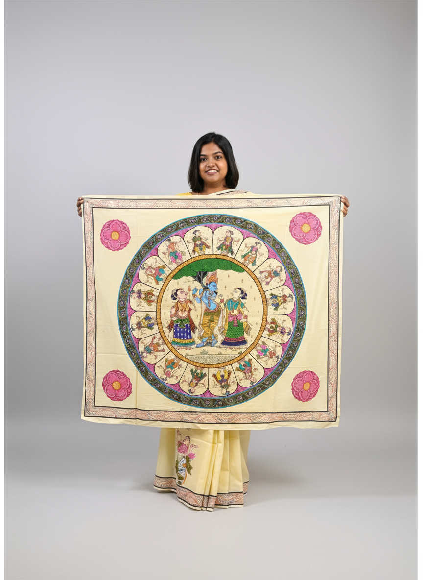 Krishna Raasleela in Silk Cotton - Multicolored Patachitra Hand-painted Designer Saree