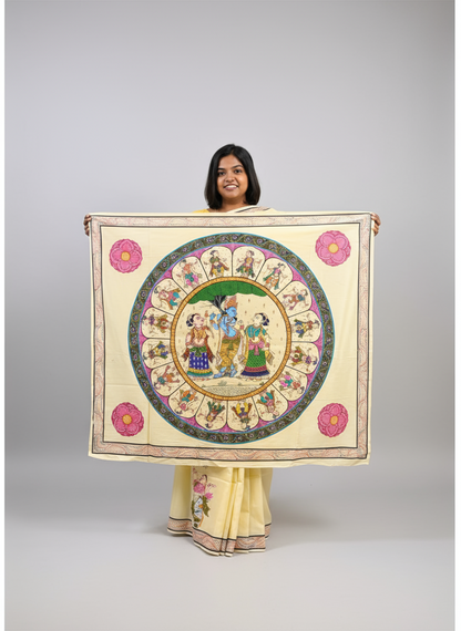 Krishna Raasleela in Silk Cotton - Multicolored Patachitra Hand-painted Designer Saree
