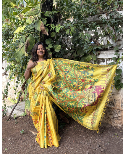 Hand-Painted Madhubani Yellow Tassar Silk Saree - Elepant & Tree Of Life