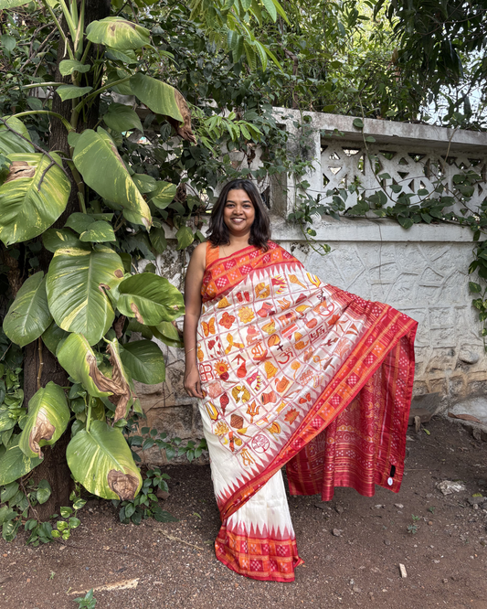 Traditional Nabakothi Auspicious Symbols Hand-painted Saree on pure mulberry silk