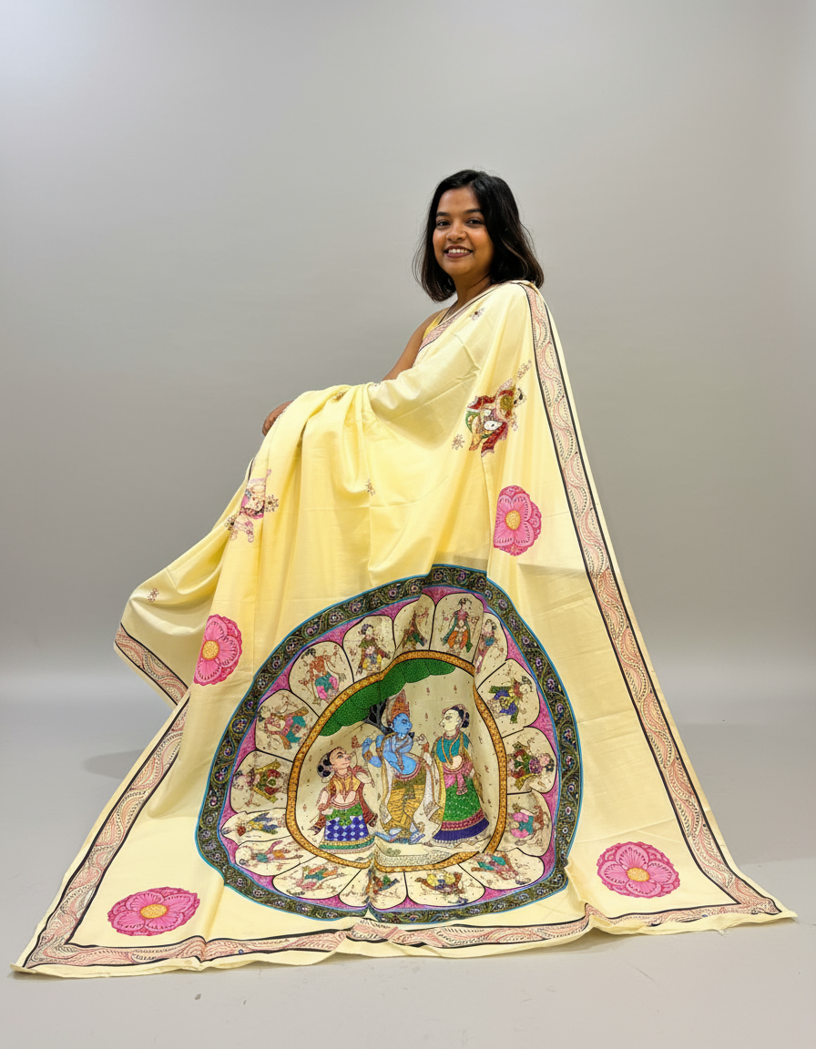 Krishna Raasleela in Silk Cotton - Multicolored Patachitra Hand-painted Designer Saree