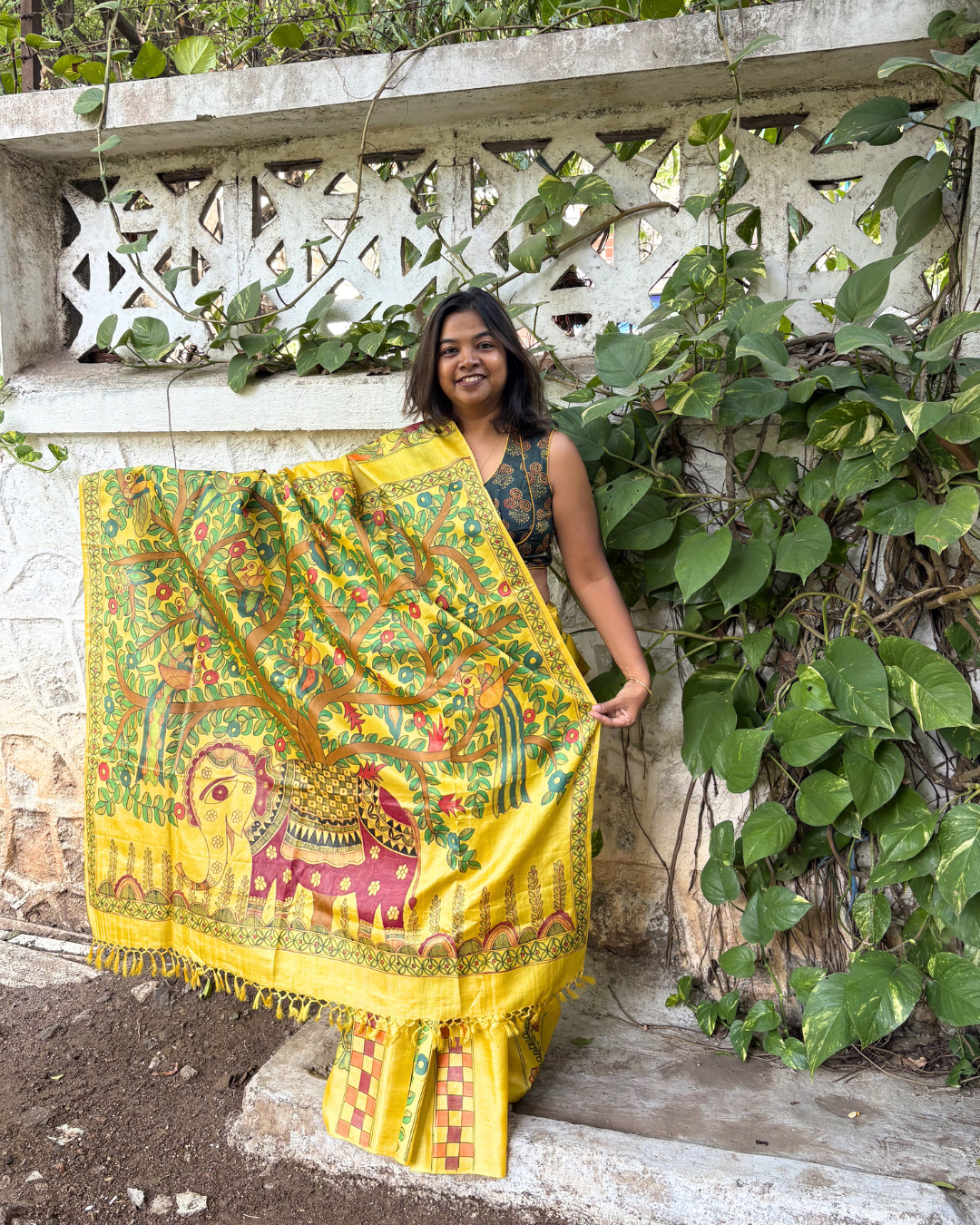 Hand-Painted Madhubani Yellow Tassar Silk Saree - Elepant & Tree Of Life