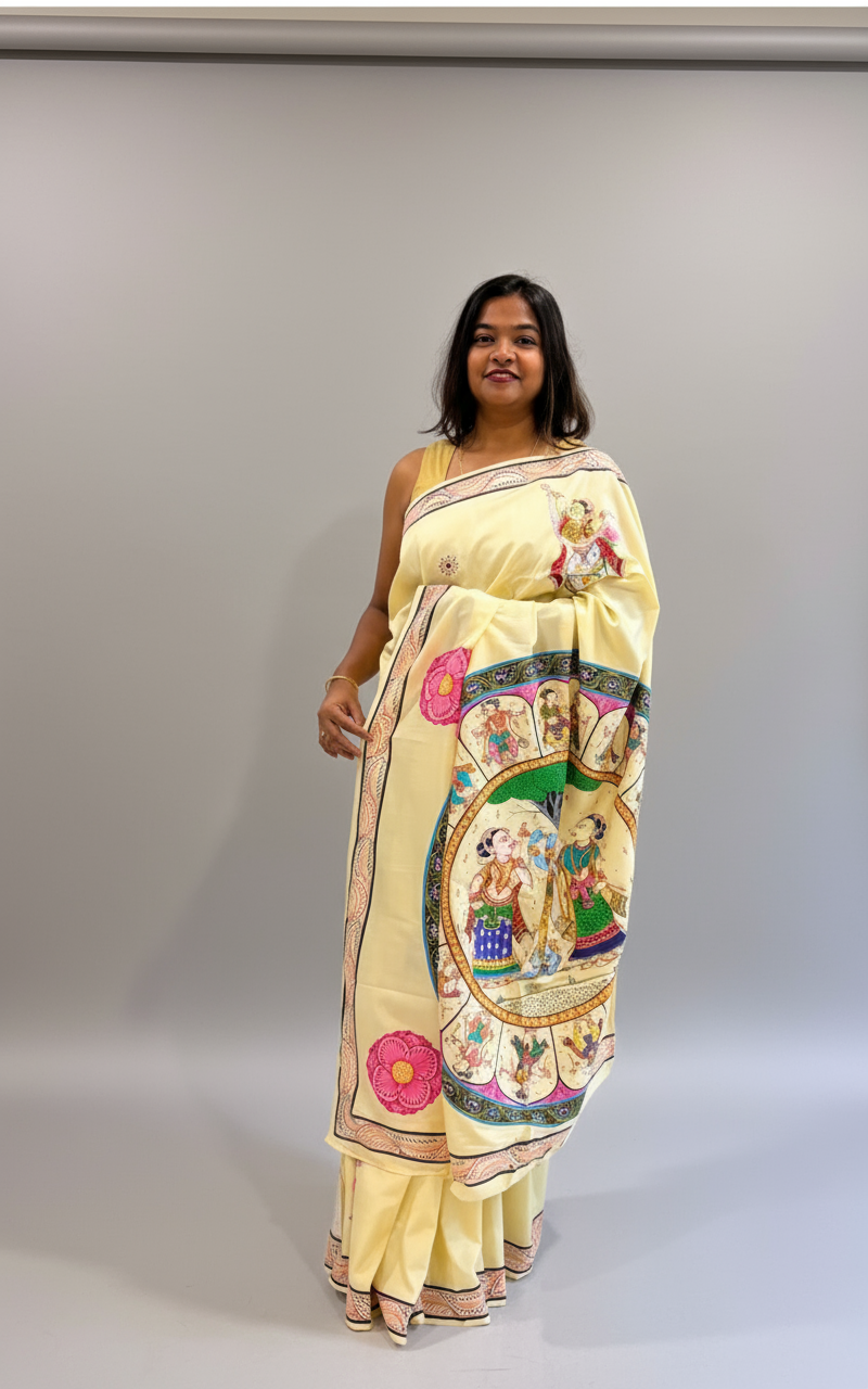 Krishna Raasleela in Silk Cotton - Multicolored Patachitra Hand-painted Designer Saree