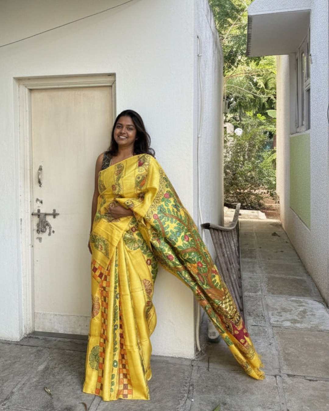 Hand-Painted Madhubani Yellow Tassar Silk Saree - Elepant & Tree Of Life