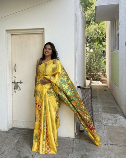 Hand-Painted Madhubani Yellow Tassar Silk Saree - Elepant & Tree Of Life