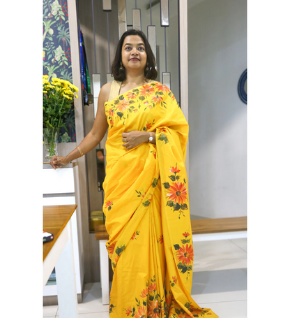Hand-Painted Cotton Yellow Saree with Sunflower Design