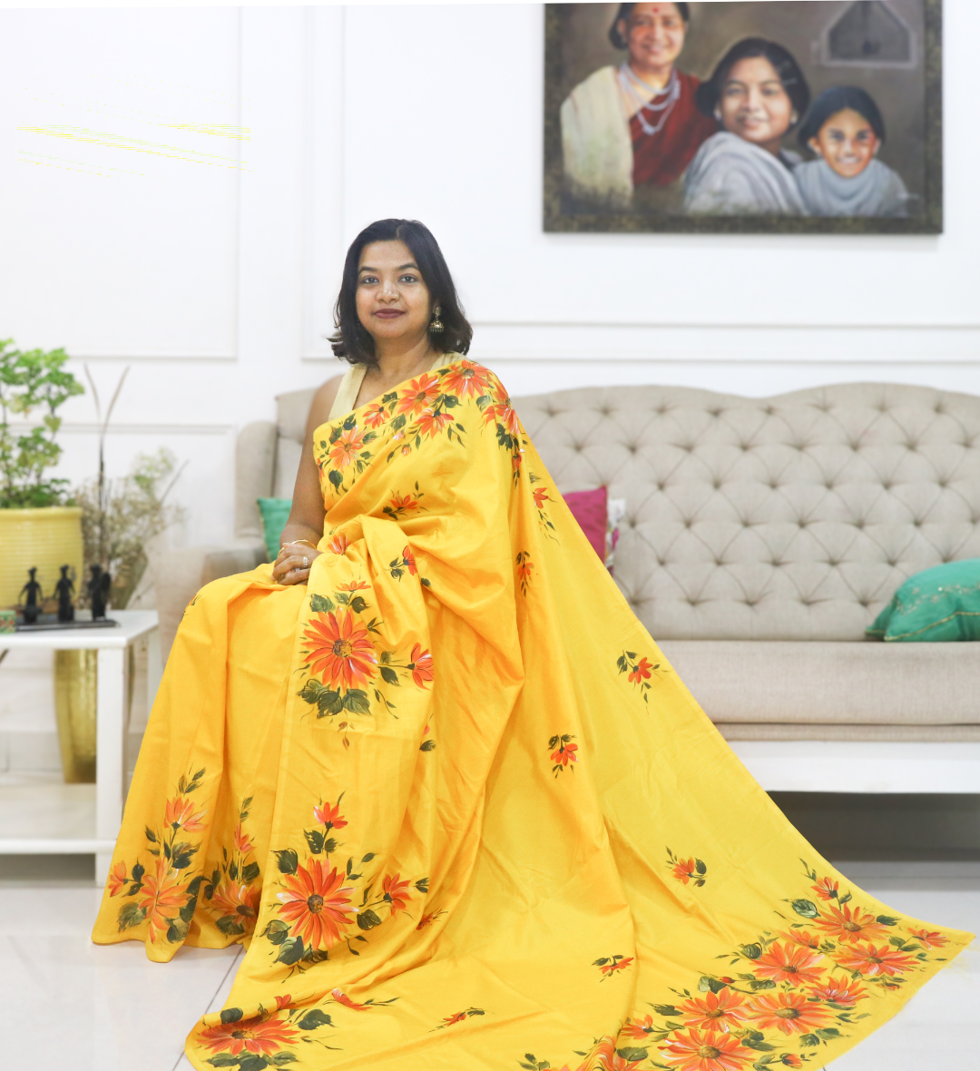 Hand-Painted Cotton Yellow Saree with Sunflower Design