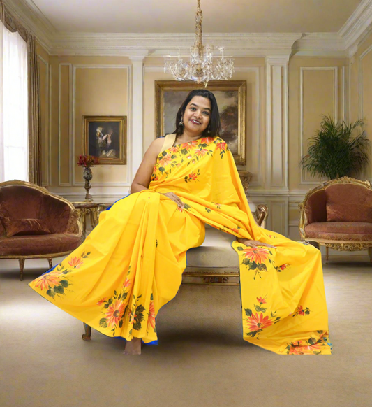 Hand-Painted Cotton Yellow Saree with Sunflower Design