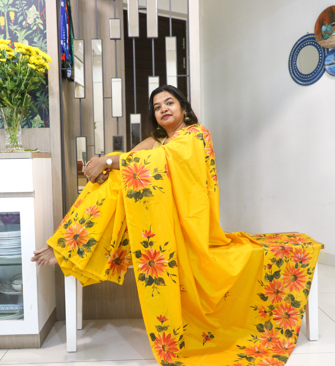 Hand-Painted Cotton Yellow Saree with Sunflower Design