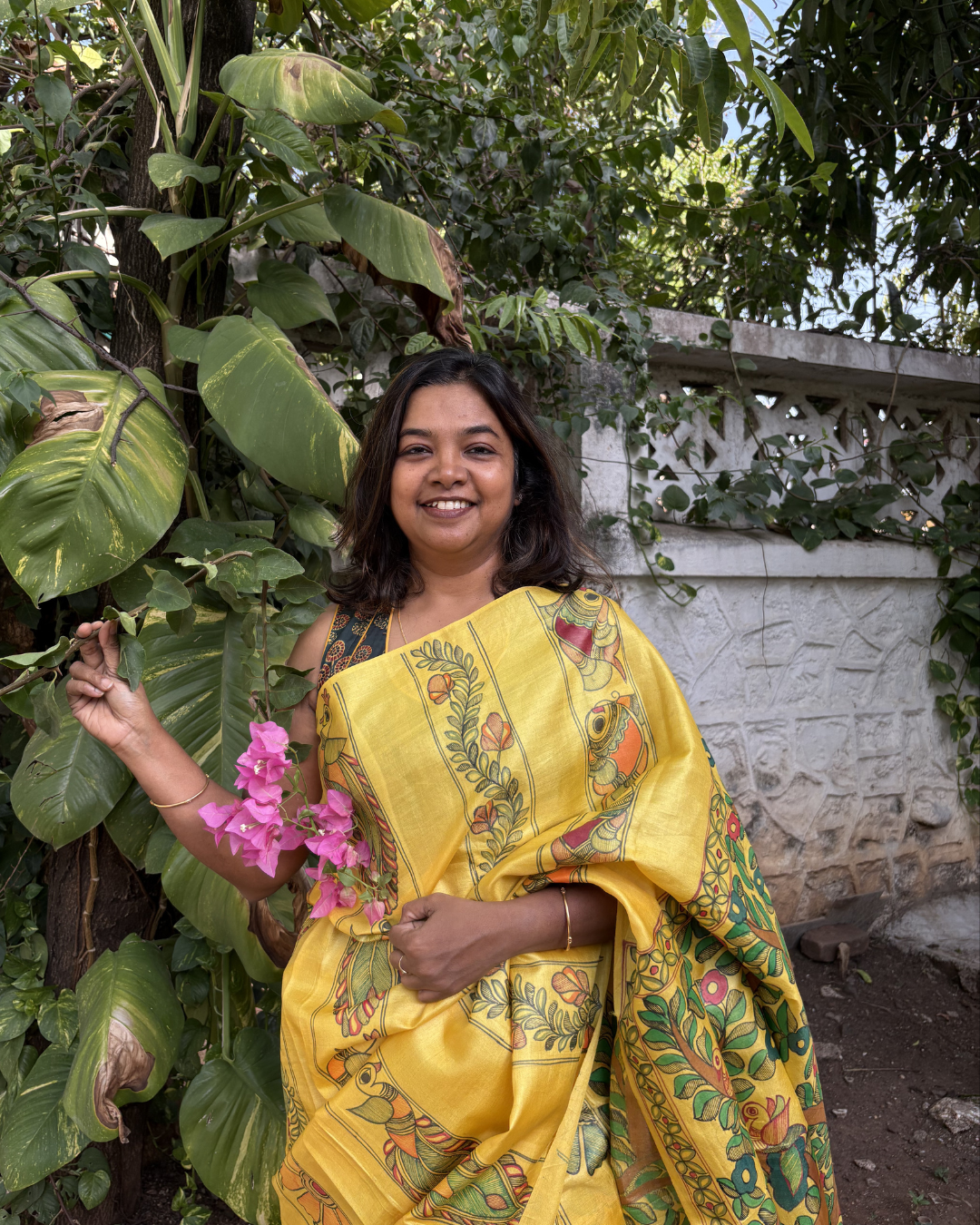Hand-Painted Madhubani Yellow Tassar Silk Saree - Elepant & Tree Of Life