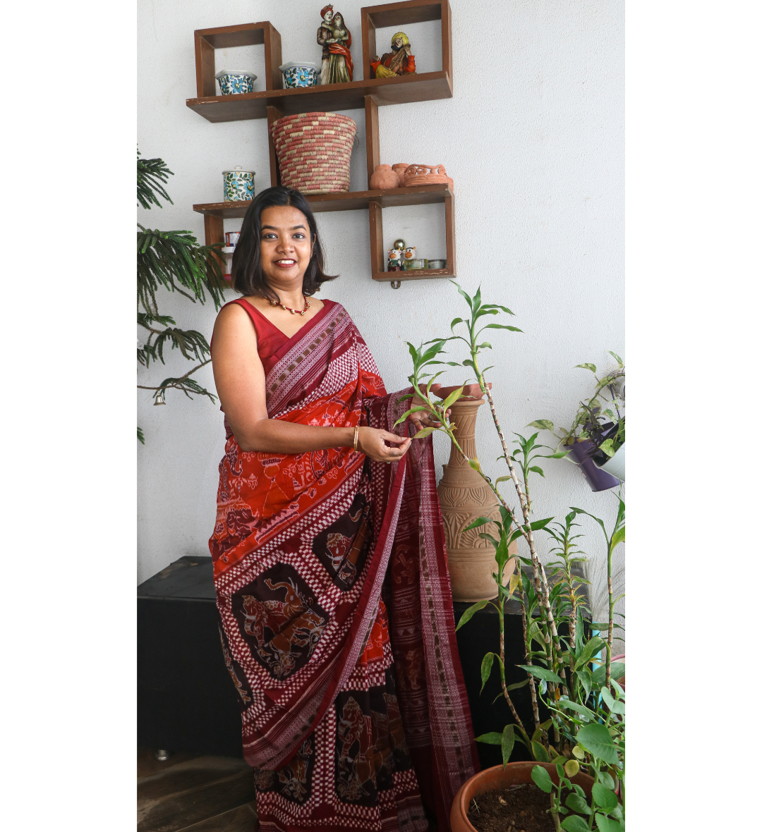 Traditional Cotton Single Ikkat Saree in Orange Maroon