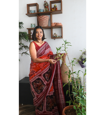 Traditional Cotton Single Ikkat Saree in Orange Maroon