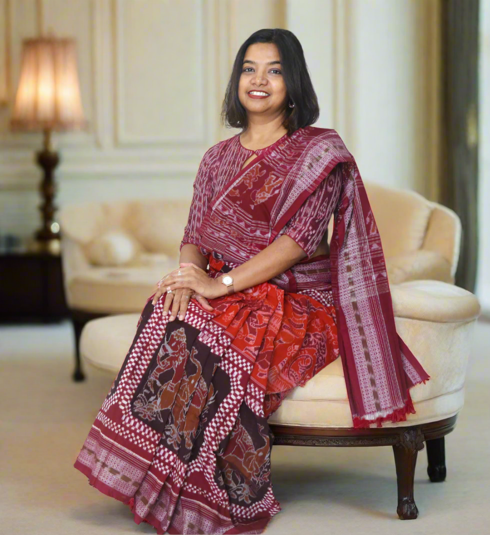 Traditional Cotton Single Ikkat Saree in Orange Maroon