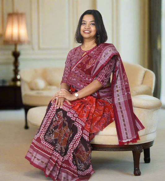 Traditional Cotton Single Ikkat Saree in Orange Maroon