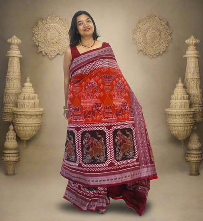 Traditional Cotton Single Ikkat Saree in Orange Maroon