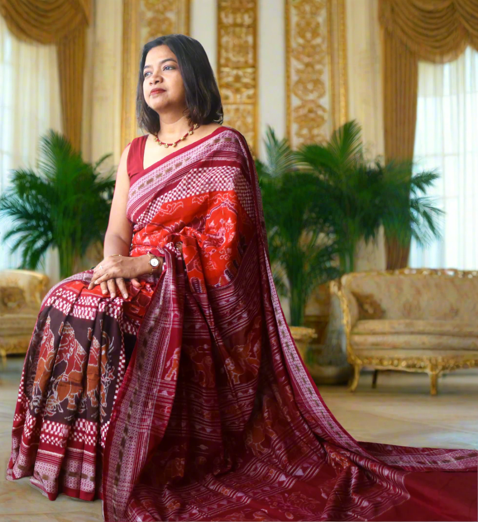 Traditional Cotton Single Ikkat Saree in Orange Maroon