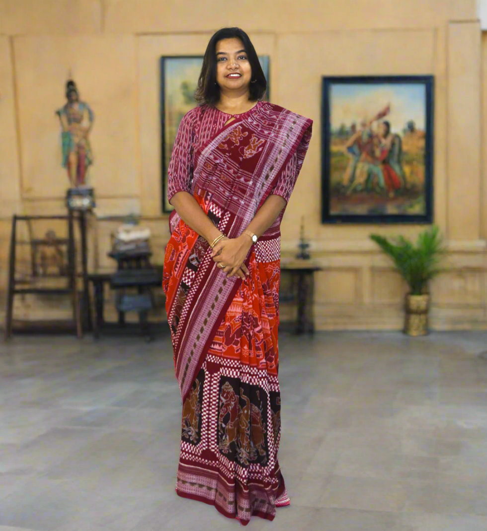 Traditional Cotton Single Ikkat Saree in Orange Maroon