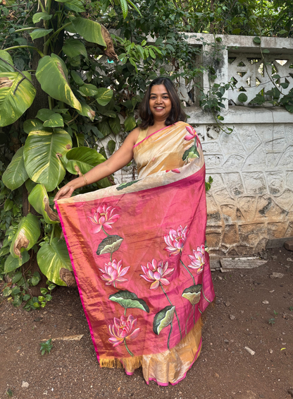 Gold & Pink Tissue Handloom Upada Saree – Hand-painted Lotus Blooms
