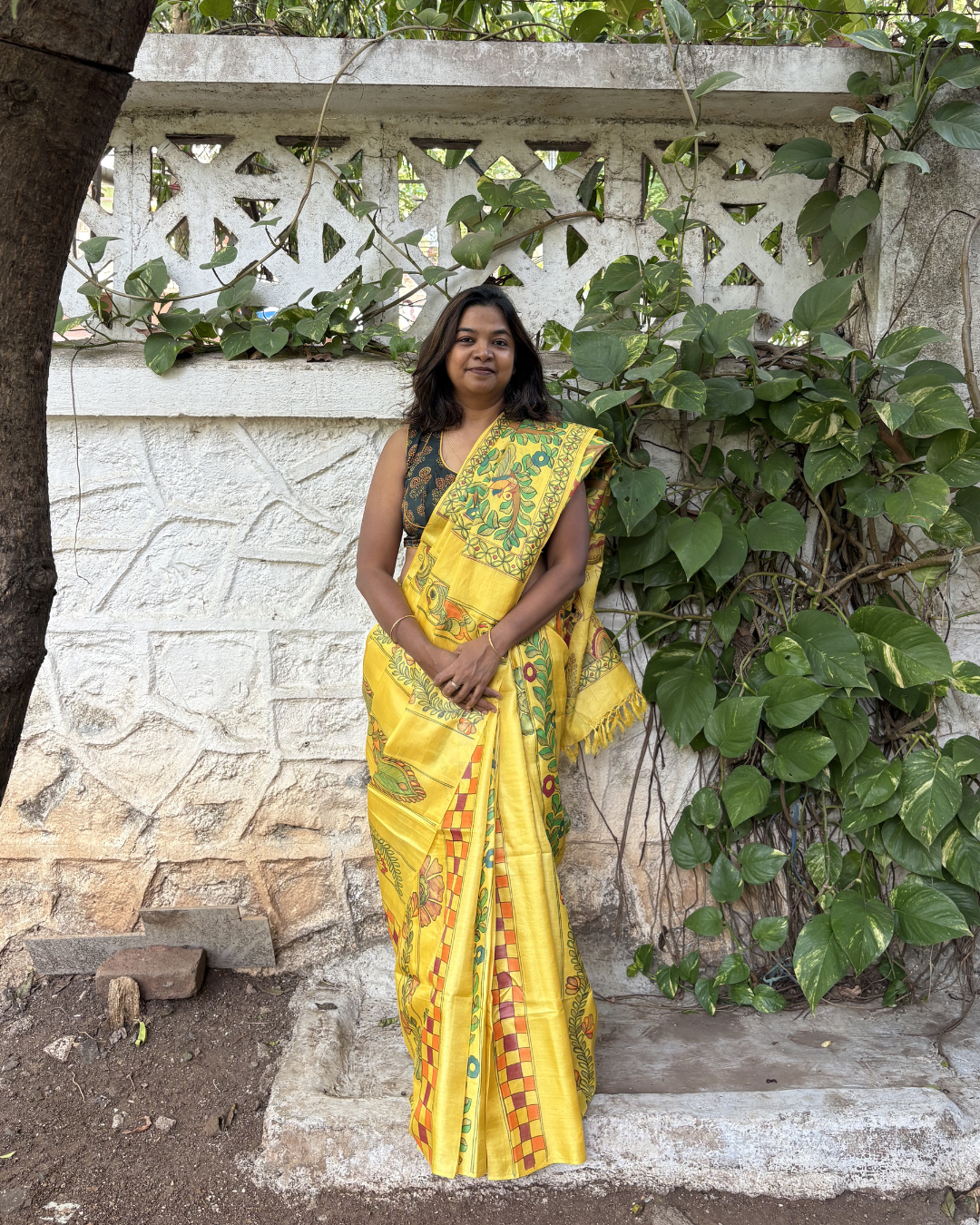 Hand-Painted Madhubani Yellow Tassar Silk Saree - Elepant & Tree Of Life