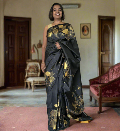 Mulberry Silk Jungle Theme Saree - Black & Golden Elegance.