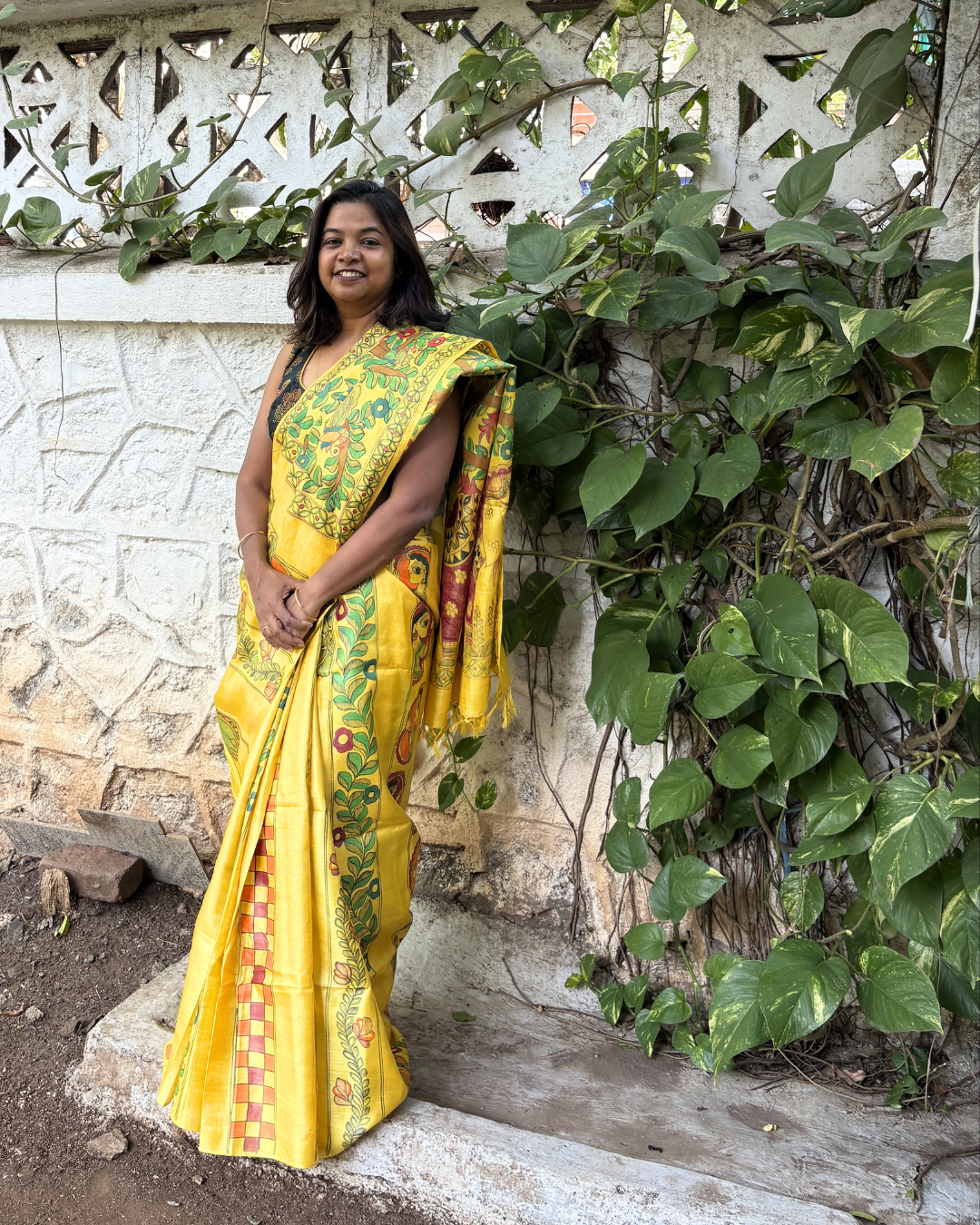 Hand-Painted Madhubani Yellow Tassar Silk Saree - Elepant & Tree Of Life