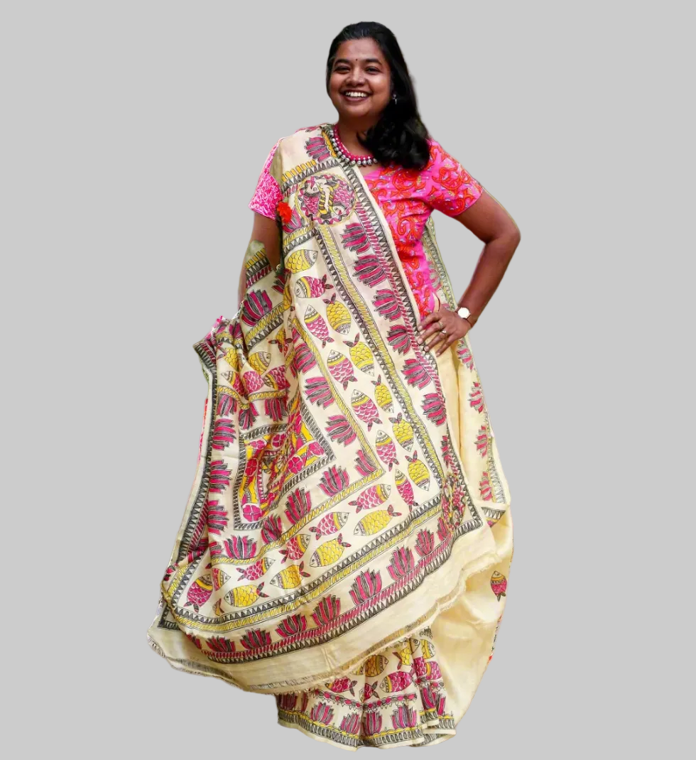 Hand-Painted Madhubani Tassar Silk Saree – Fishes Design