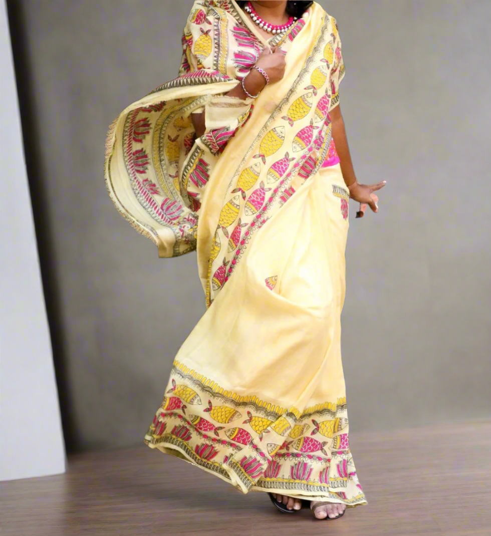 Hand-Painted Madhubani Tassar Silk Saree – Fishes Design