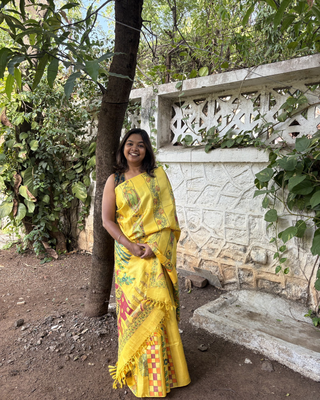 Hand-Painted Madhubani Yellow Tassar Silk Saree - Elepant & Tree Of Life