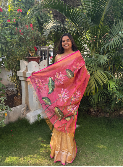 Gold & Pink Tissue Handloom Upada Saree – Hand-painted Lotus Blooms