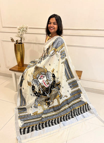 Hand-painted Ganesha Kerala Cotton Designer Mono-chrome Saree - Patachitra Style