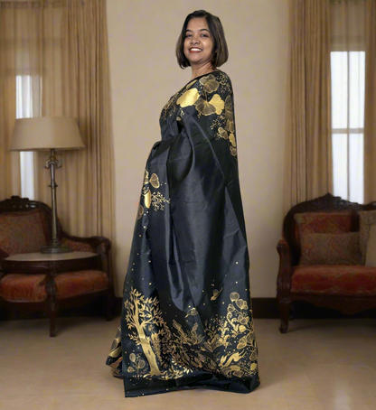 Mulberry Silk Jungle Theme Saree - Black & Golden Elegance.