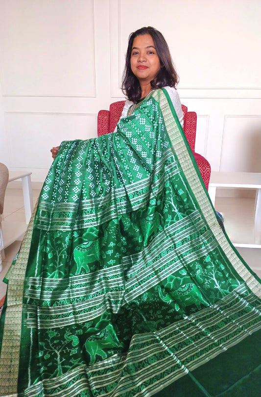 BARGARH IKKAT MULBERRY SILK SAREE WITH BLOUSE PIECE-LAXMI IS ELEPHANT THEME PALLU