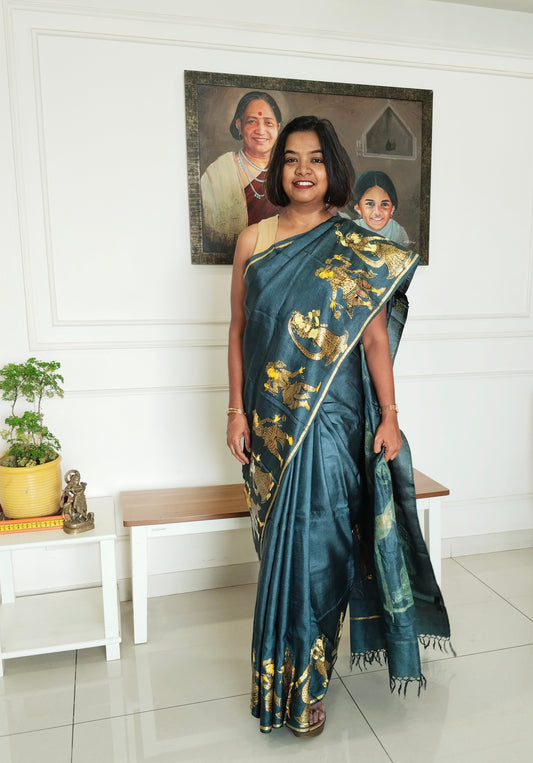 Black Gold Marriage Procession on slate grey Pure Tassar Silk Patachitra Saree.