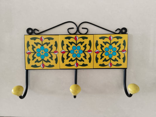 Yellow Blossom 3-point  Floral Ceramic Wall Hook Holder