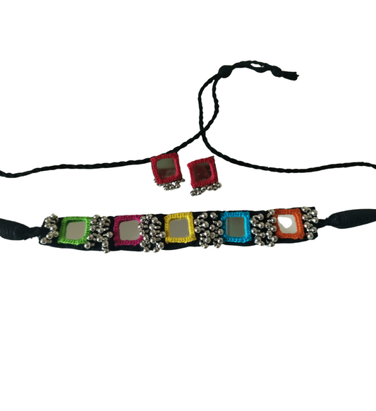 Advaita Handicrafts-Multi-Color Mirror Design Choker Navratri Necklace Set