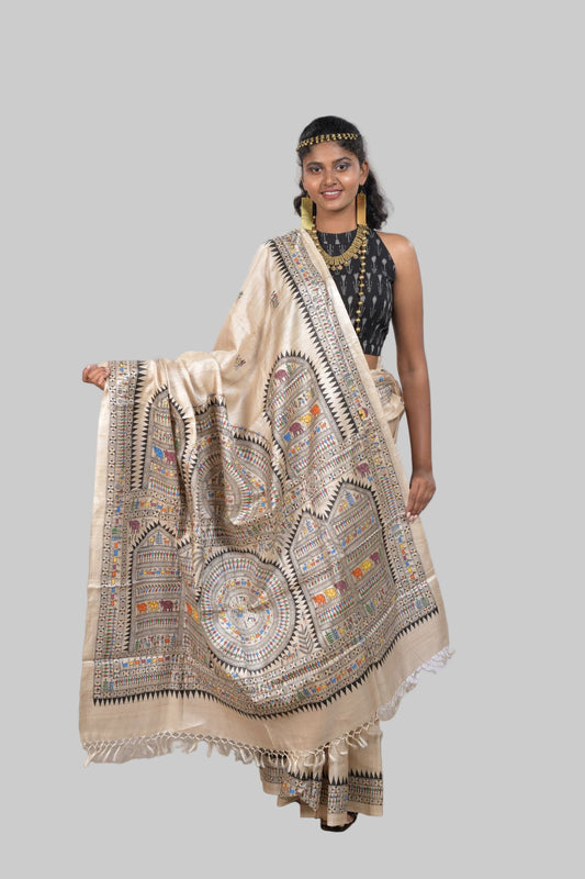 Special Desi Tassar Saura Tribal Themed Handpainted saree with blouse
