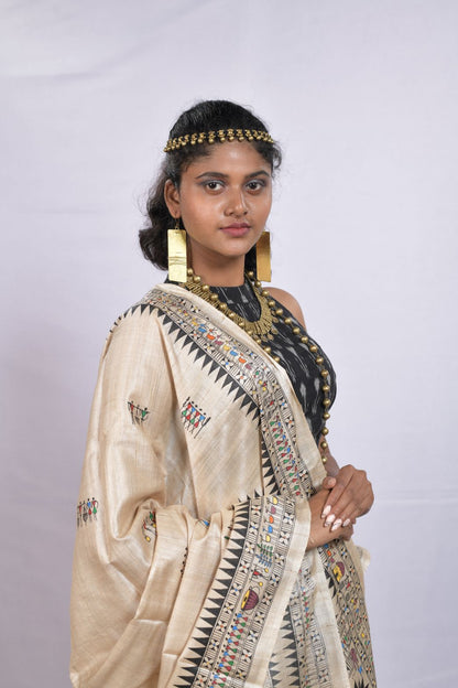 Special Desi Tassar Saura Tribal Themed Handpainted saree with blouse