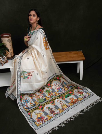 Advaita Handicrafts hand painted Patachitra saree - Vishnu Dashavtaar in tassar silk.