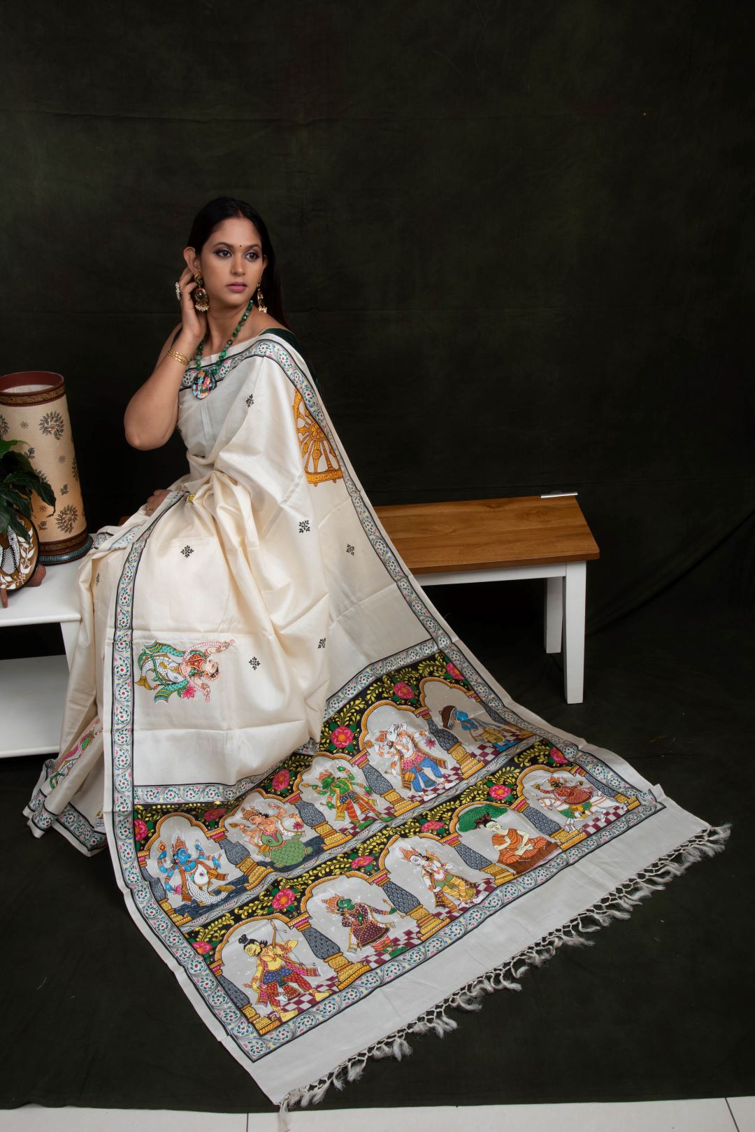 Advaita Handicrafts hand painted Patachitra saree - Vishnu Dashavtaar in tassar silk.