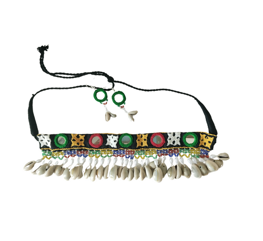 Advaita Handicrafts- Multi-Color Navratri Fabric Choker with Mirror & Shell Accents and Earrings.