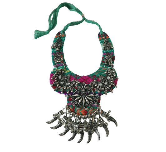 Advaita Handicrafts- Green & Pink Fabric Necklace with Oxidized Work.