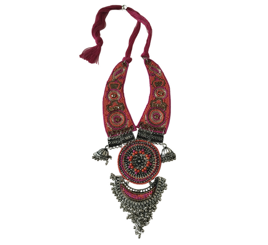 Advaita Handicrafts- Pink Fabric Jewelry with Oxidized Work & Gungroo – Traditional and Elegant Necklace.