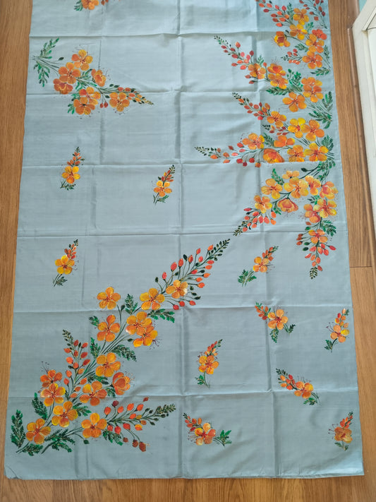 Gulmohar Bloom Hand-Painted Mulberry Silk Saree