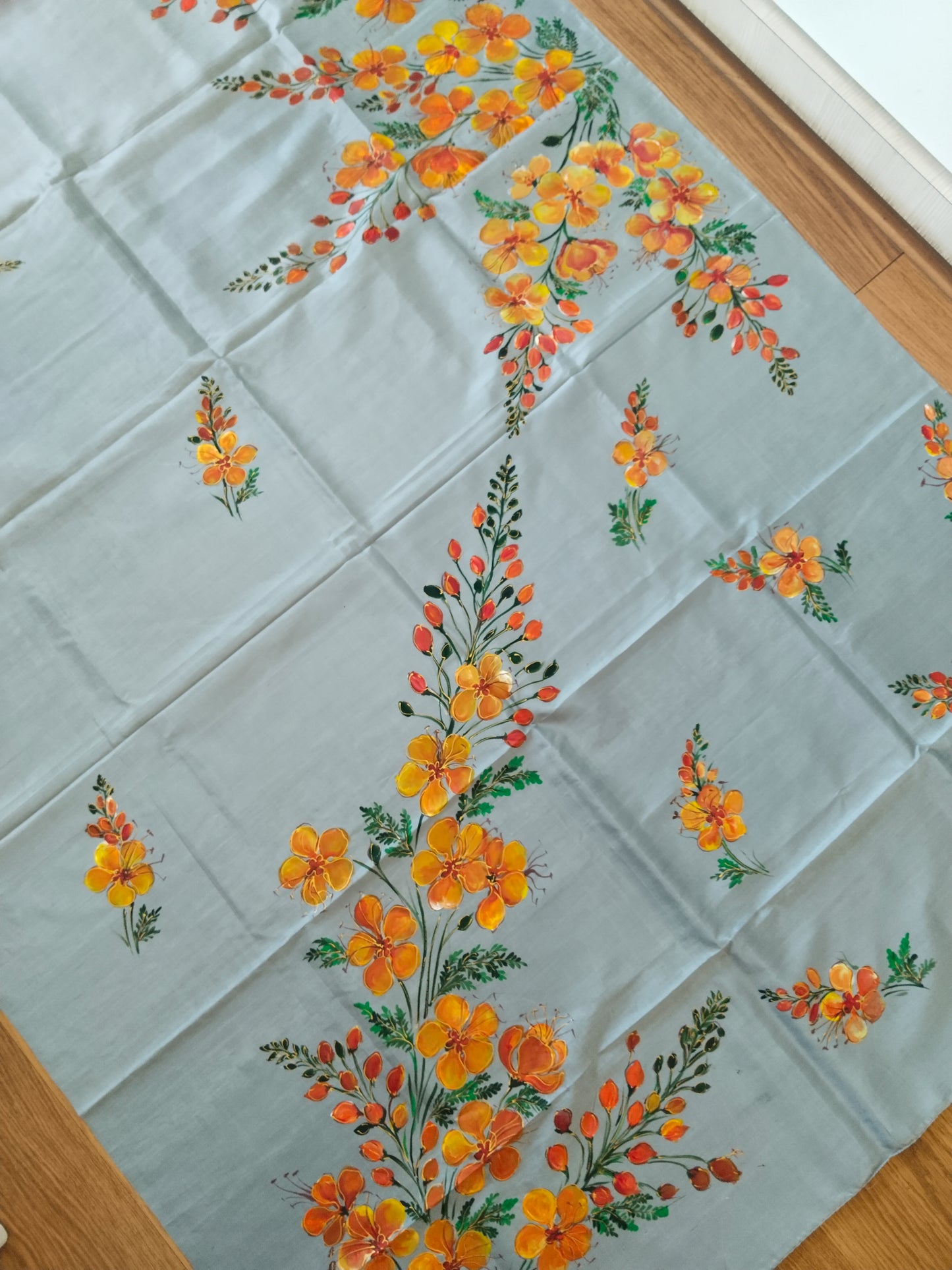 Gulmohar Bloom Hand-Painted Mulberry Silk Saree