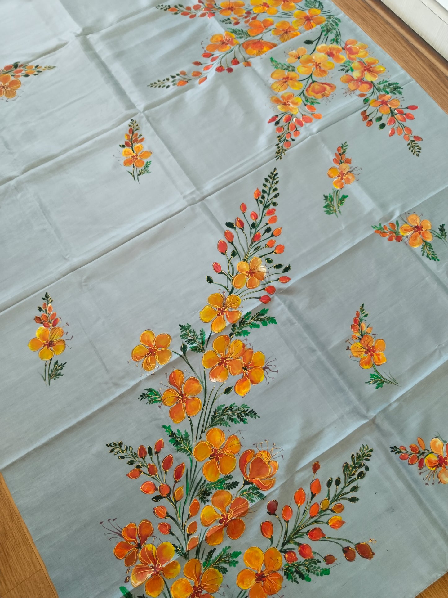 Gulmohar Bloom Hand-Painted Mulberry Silk Saree