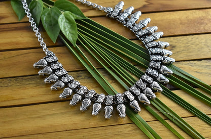 Oxidized German Silver Statement Choker with Teardrop Pendants Motifs