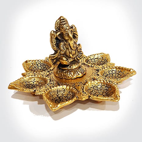 Advaita Handicrafts White Metal Pooja 7 diyas Ganesha