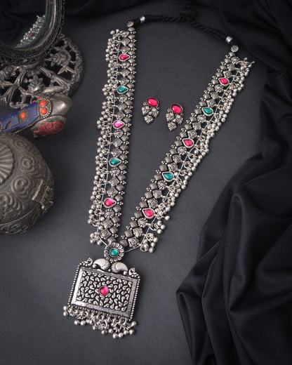 Advaita Handicrafts Long Silver German Oxidized Jewelery Set